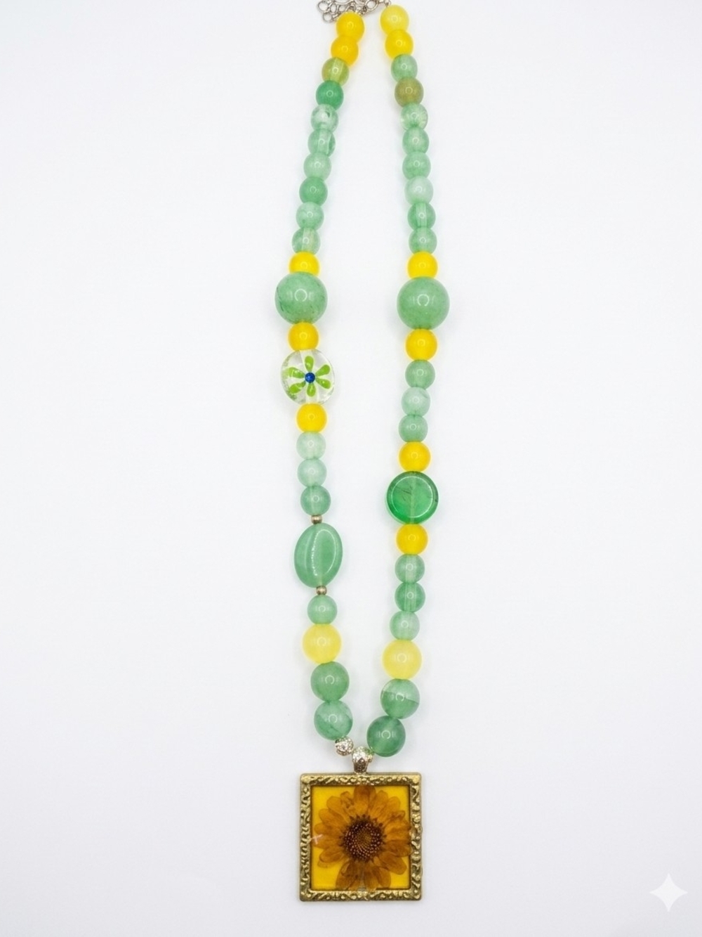 Handmade Green and Yellow Beaded Necklace with Sunflower Pendant